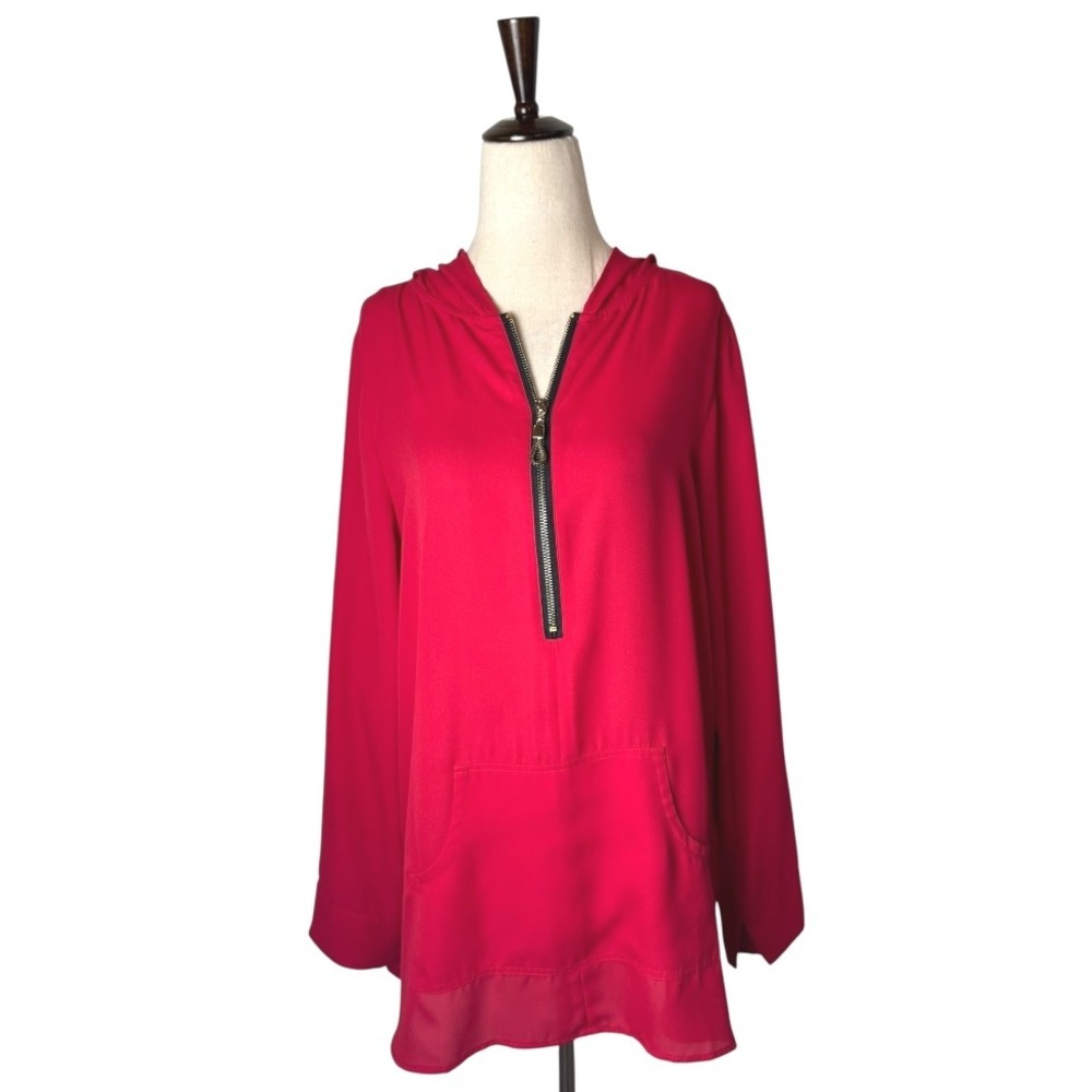 Soft‎ Surroundings Shirt Women Red Hooded Half Zip Pullover Top Mature Preppy